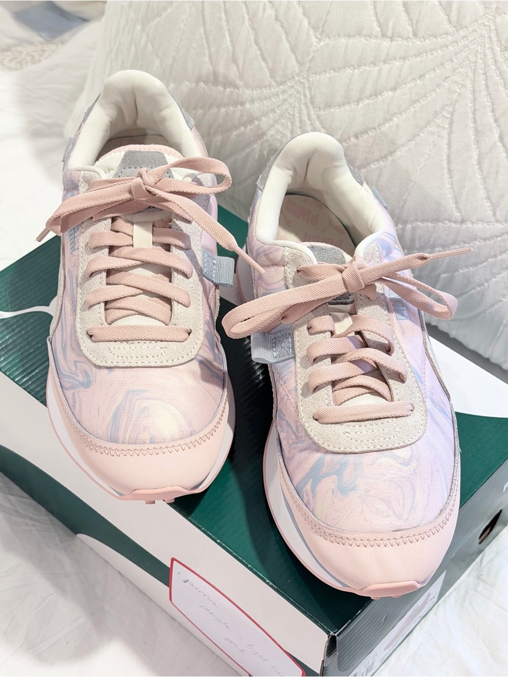 Puma Future Rider 'Marble' sneakers in a lotus and ivory glow colorway. New